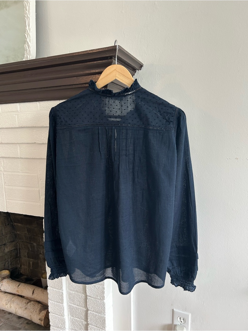 Quince Navy Ruffle Pintuck Button-Front Blouse - Picture 6 of 8